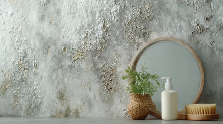 A serene bathroom scene showcasing minimalist decor with a mirror, a gentle plant, a skincare bottle, and a wooden brush, promoting relaxation and beauty.の素材