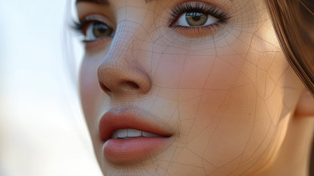 This captivating close-up portrait features a feminine face merged with a detailed wireframe overlay, illustrating 3D modeling and texturing techniques, showcasing a blend of beauty and technology.の素材