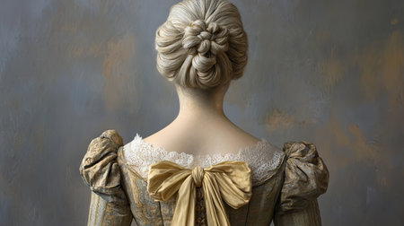 This image captures the back view of a woman in an intricately designed historical dress featuring an elaborate hairstyle and delicate bow, emphasizing elegance.の素材