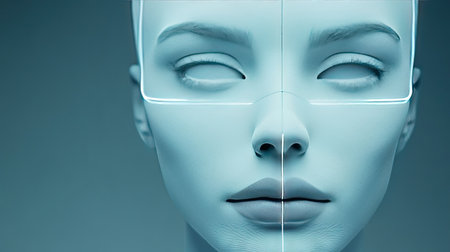 This image showcases a futuristic mannequin face featuring sleek technology-inspired glasses, illuminated in soft blue light, perfect for modern fashion displays.の素材