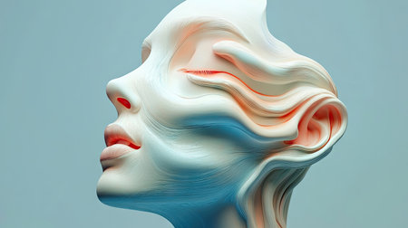 This striking digital artwork features an abstract sculpture of a human face characterized by fluid lines and soft pastel colors, evoking a sense of modern beauty.の素材