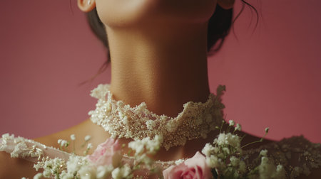 Captivating close-up shot showcasing a woman's neck adorned with delicate flowers and intricate lace, set against a soft pink background.の素材