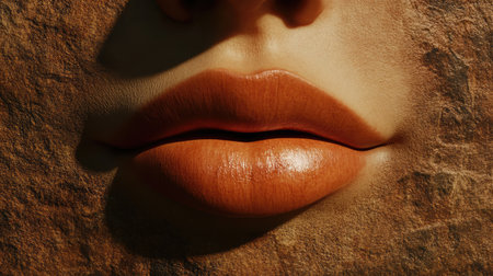 This close-up image showcases realistic lips in a warm orange hue against a textured stone background, capturing beauty and natural aesthetics.の素材