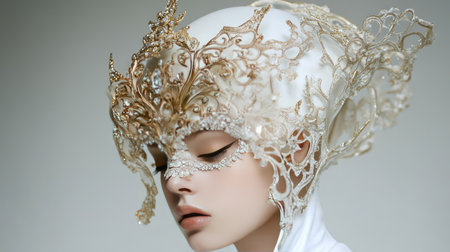 A stunning close-up portrait of a model wearing a detailed, intricate mask and headpiece that highlights the beauty of fashion artistry with elegance and creativity.の素材