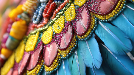 A captivating close-up of colorful feathers and beads showcases the beauty and artistry of traditional attire. The vibrant colors and intricate patterns reflect cultural heritage and craftsmanship.の素材