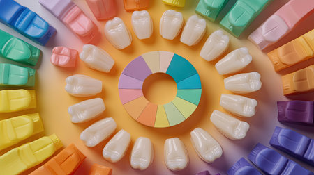 A vibrant display featuring a circular arrangement of plastic bottles and paint pots in various colors, creating a lively and artistic atmosphere.の素材