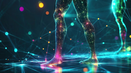 A stunning visualization of human legs immersed in a vibrant network of glowing particles, representing a fusion of technology and anatomy in a dynamic setting.の素材