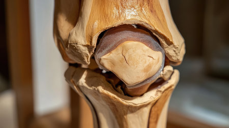 Explore a detailed illustration of the human knee joint model, highlighting bone and cartilage features for educational and training purposes in healthcare.の素材