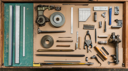 A detailed arrangement of various vintage tools displayed on a workbench, showcasing essential items for craftsmanship and engineering projects.の素材