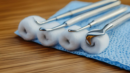 A close-up view of essential dental tools arranged on a blue disposable cloth, highlighting their importance in maintaining optimal oral hygiene in a professional setting.の素材