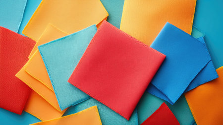 A vibrant collection of fabric swatches in red, blue, yellow, and orange is arranged beautifully. Ideal for design projects, crafts, or fashion inspiration.の素材