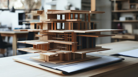 This stunning wooden architectural model features a complex arrangement of layers, demonstrating modern design principles within a creative workspace setting.の素材