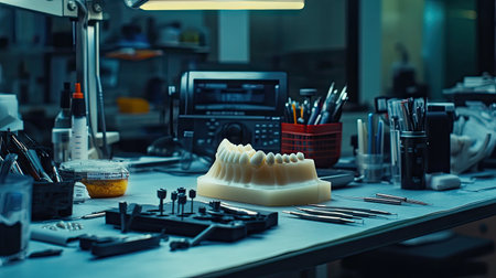 This image captures a dental laboratory workbench featuring a jaw model and various instruments, showcasing the precision and detail involved in dental prosthetics.の素材