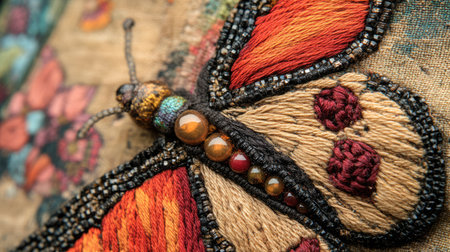 Stunning close-up of a butterfly embroidery featuring intricate beadwork on a textured fabric backdrop, showcasing vibrant colors and artistic craftsmanship.の素材