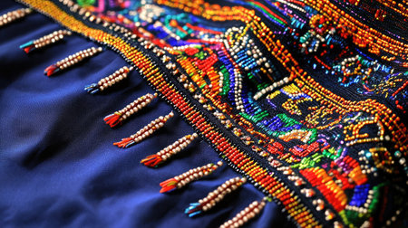 This high-resolution image showcases a detailed close-up of colorful beaded embroidery on a textile. The vibrant patterns highlight artisan craftsmanship and cultural heritage.の素材