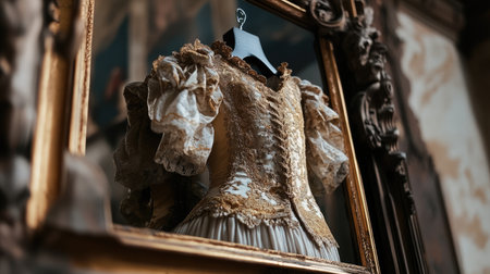 This captivating image features an elegant vintage dress elegantly displayed in an ornate mirror, highlighting its intricate details and luxurious fabric. The setting exudes a sense of timeless beauty and rich history, making it ideal for fashion enthusiasts and interior design inspiration.の素材