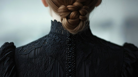 A close-up view of a woman's back dressed in a beautifully intricate black lace gown, featuring a braided hairstyle and gentle indoor lighting that enhances elegance.の素材