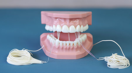 A detailed model of human teeth designed for demonstrating the proper technique of dental flossing. Ideal for educational purposes in dental health.の素材