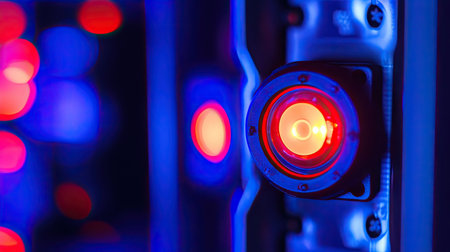 A captivating close-up image showcasing a glowing red LED light within a high-tech environment. The vibrant blue background adds depth and intrigue to the futuristic setting.の素材