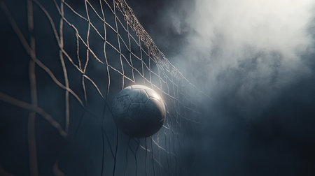 A striking image of a soccer ball caught in a net, surrounded by a swirling fog, evoking dramatic moments from the game. Perfect for sports themes.の素材