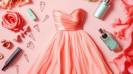 Introducing a stunning coral dress elegantly arranged with beauty essentials and delicate pink flowers, perfect for fashion collections and lifestyle photography.の素材