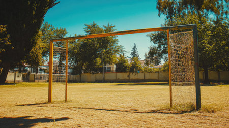 A picturesque soccer goal stands empty in a lush grassy field, illuminated by bright sunlight. Trees frame the scene under a vibrant blue sky, creating a serene atmosphere perfect for outdoor activities.の素材