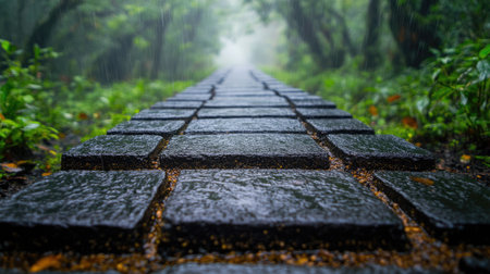 This captivating image features a cobblestone pathway winding through a misty forest, enveloped in gentle rainfall. The serene environment showcases lush greenery, emitting tranquility and inviting exploration.の素材