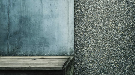 A modern outdoor scene showcasing a textured wall of concrete and gravel alongside a rustic wooden bench, perfect for minimalist design and urban aesthetics.の素材