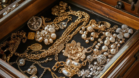 Beautiful vintage jewelry collection resides in a wooden drawer, showcasing a variety of intricate designs and elegant pieces, perfect for fashion enthusiasts.の素材