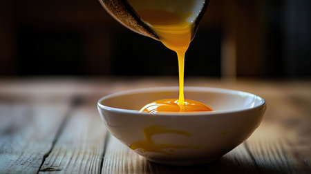 A close-up image of a fresh egg yolk being poured into a white bowl from a shell, showcasing the natural color and texture. Perfect for culinary use.の素材