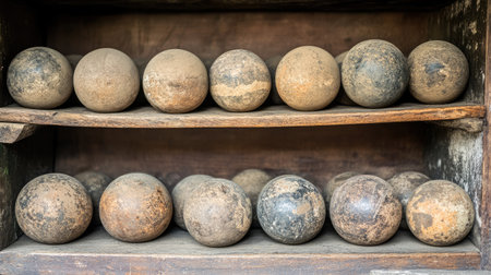 A beautiful arrangement of vintage round stone balls displayed on rustic wooden shelves bathed in natural light, showcasing unique textures and earthy tones, perfect for home decor or artistic projects.の素材