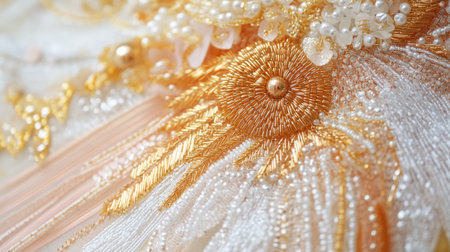 A stunning close-up of intricate embroidery showcasing gold, cream, and pearl beads on elegant fabric. This high-quality image highlights meticulous craftsmanship and artistic creativity, perfect for textile and fashion designs.の素材
