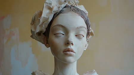 This artwork features a serene female figure sculpted from clay, highlighting intricate details and a minimalist design. Captured in soft lighting, this sculpture evokes a sense of tranquility and beauty, representing unique artistic expression in contemporary settings.の素材