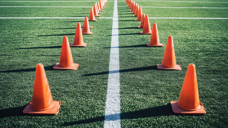 A series of vibrant orange traffic cones neatly arranged on a sports field, creating a clear path for training drills, enhancing focus and agility.の素材