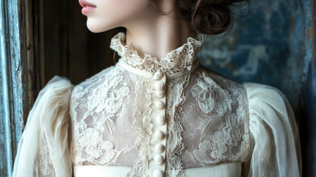 A stunning vintage portrait captures the grace of a woman adorned in a delicate lace blouse. Soft lighting enhances her beauty and timeless elegance.の素材