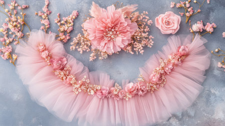 This beautiful floral arrangement features delicate pink tulle and assorted flowers, perfect for enhancing creative projects and styling purposes.の素材