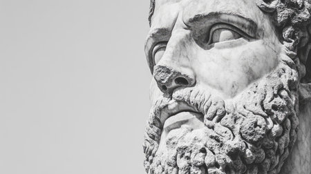 This close-up photograph showcases a striking ancient marble sculpture of a bearded man, highlighting intricate details and textures, ideal for art and history themes.の素材