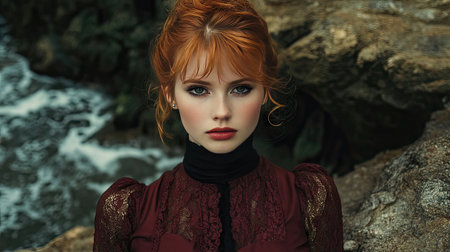 A captivating portrait of a young woman with striking red hair, captured near rocky seashore. She exudes elegance in a vintage dress, creating a serene atmosphere.の素材