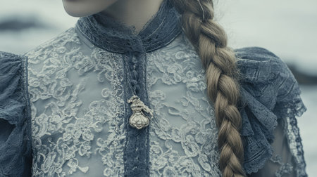 This artistic portrait showcases a woman dressed in an exquisite vintage lace dress, featuring delicate detailing and a soft color palette, exuding elegance and grace.の素材