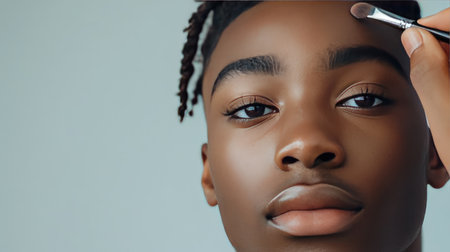 A close-up portrait of a young male applying makeup with a brush, showcasing smooth skin and focused expression highlighting beauty and self-care.の素材