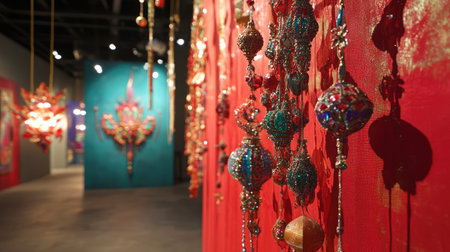 An immersive view of a creatively designed exhibition space featuring colorful hangings and ornaments that add vibrancy and artistic flair.の素材