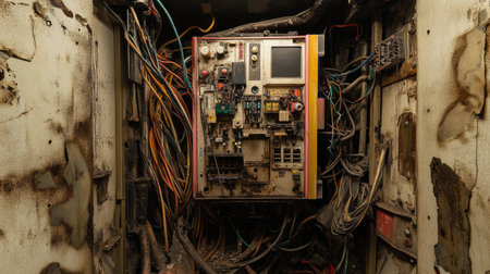 This image showcases an abandoned control panel cluttered with wires and dirt, capturing the neglected beauty of vintage industrial technology.の素材