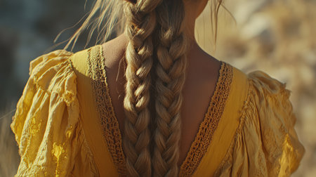 This image features a young girl with a stunning long braid, dressed in a vibrant yellow dress. She stands outdoors, surrounded by a picturesque natural landscape with sunlight illuminating her hair, creating a serene and joyful atmosphere.の素材