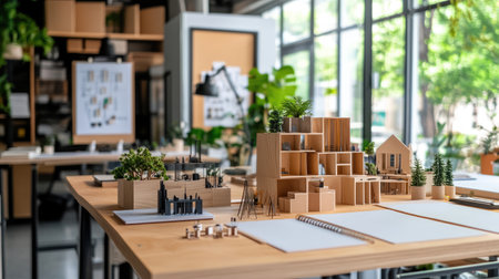 Bright and inviting design studio featuring various architecture models and greenery on a wooden table, creating an inspiring environment for creativity and innovation.の素材