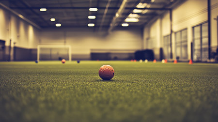 A bright orange soccer ball stands out against the vibrant artificial turf inside a modern indoor sports facility, creating an inviting sports atmosphere.の素材