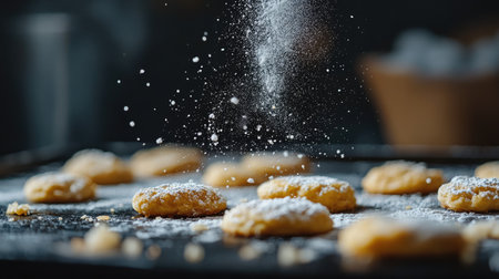 A close-up image showcasing the art of baking with flour dusting over freshly baked cookies on a dark tray, highlighting the sweet and inviting process.の素材