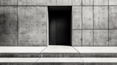 This striking black and white image captures a minimalist concrete facade with a dark doorway and ascending steps, showcasing modern architecture's essence.の素材