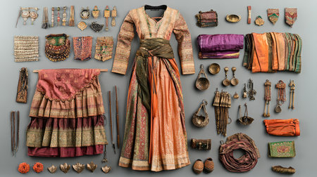 Explore a stunning collection of traditional Indian attire and accessories, showcasing vibrant fabrics, intricate designs, and exquisite jewelry pieces suitable for various occasions.の素材