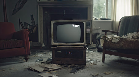 This image captures an abandoned living room featuring a vintage television surrounded by dust and debris, evoking a sense of nostalgia and desolation.の素材