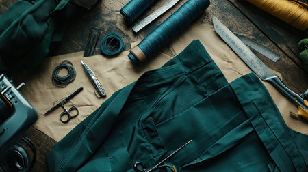 A visually appealing flat lay featuring dark green workwear paired with essential tailoring tools and threads, perfect for fashion enthusiasts and artisans.の素材